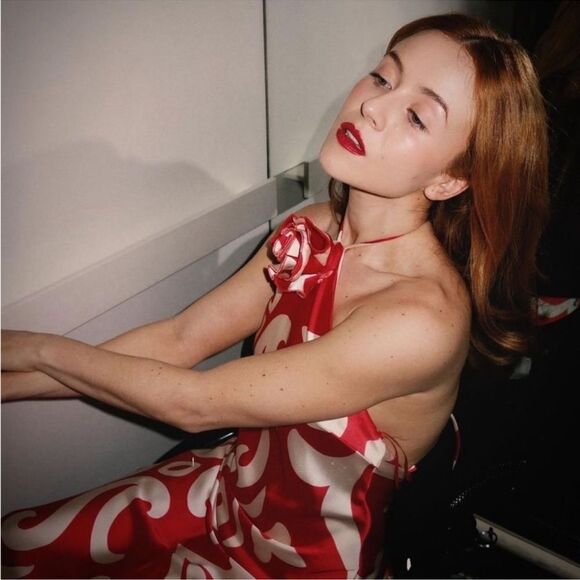 Blogger favorite red satin halter dress with floral applique (brand Mango) - Picture 13 of 15